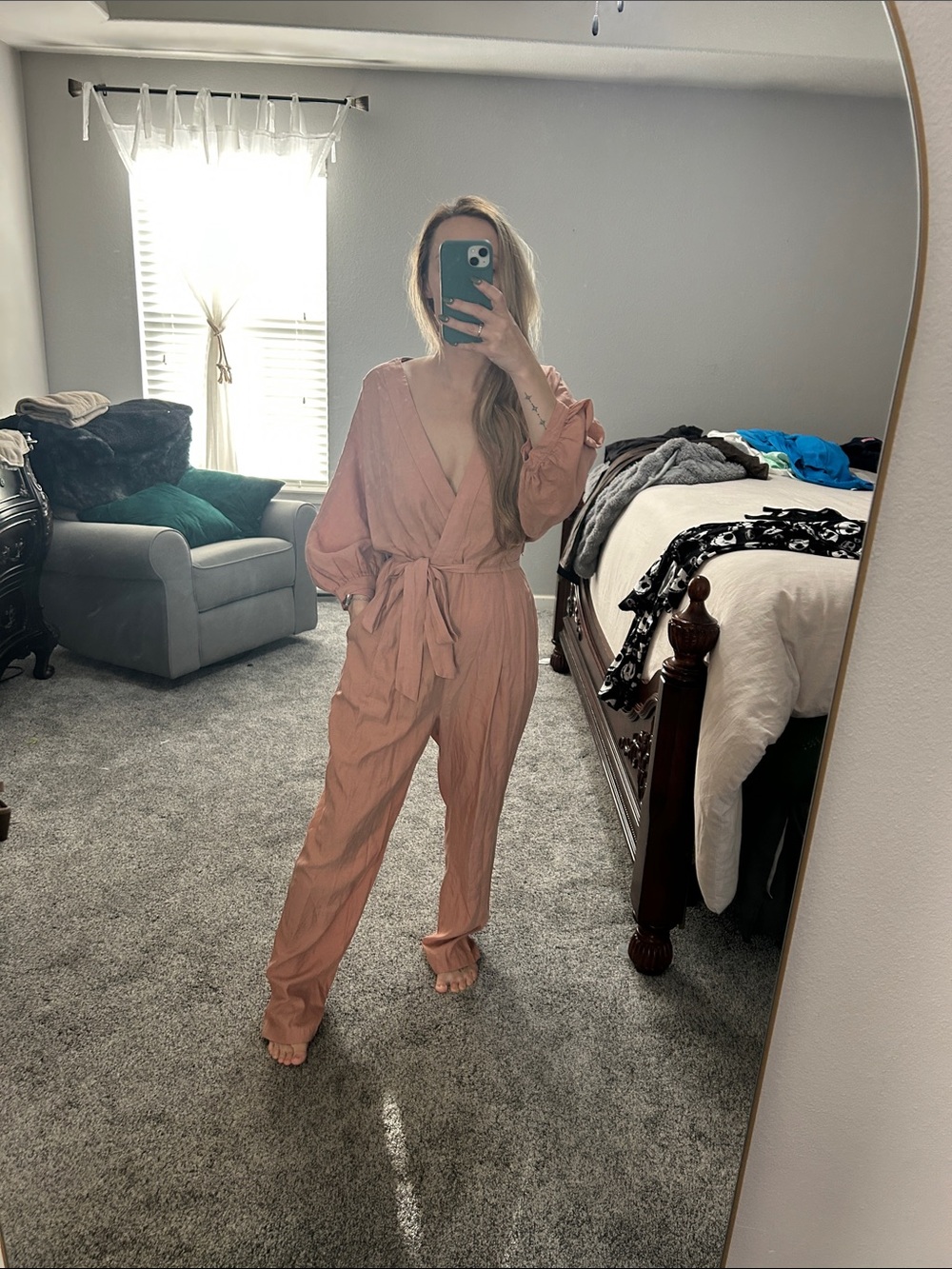 Women's Blush Pink Wrap Jumpsuit with Tie Waist